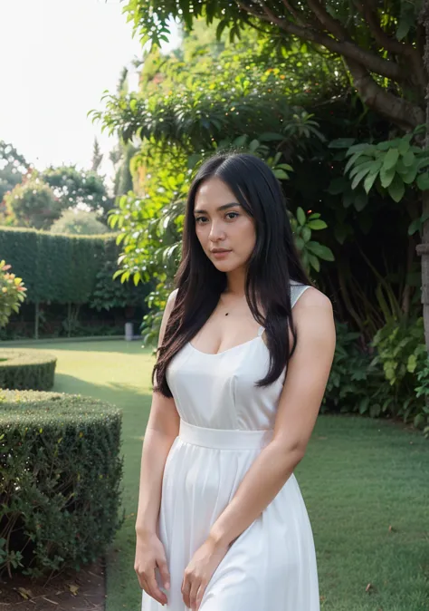  beautiful indonesian woman 30 years old, long, wavy bushy black hair, weight 58 kilograms, height 175 centimeters, wears sexy long dress, at wedding, outdoor, greenery and big trees in the background, Crowded background with visitors, soft sunlight,  brig...