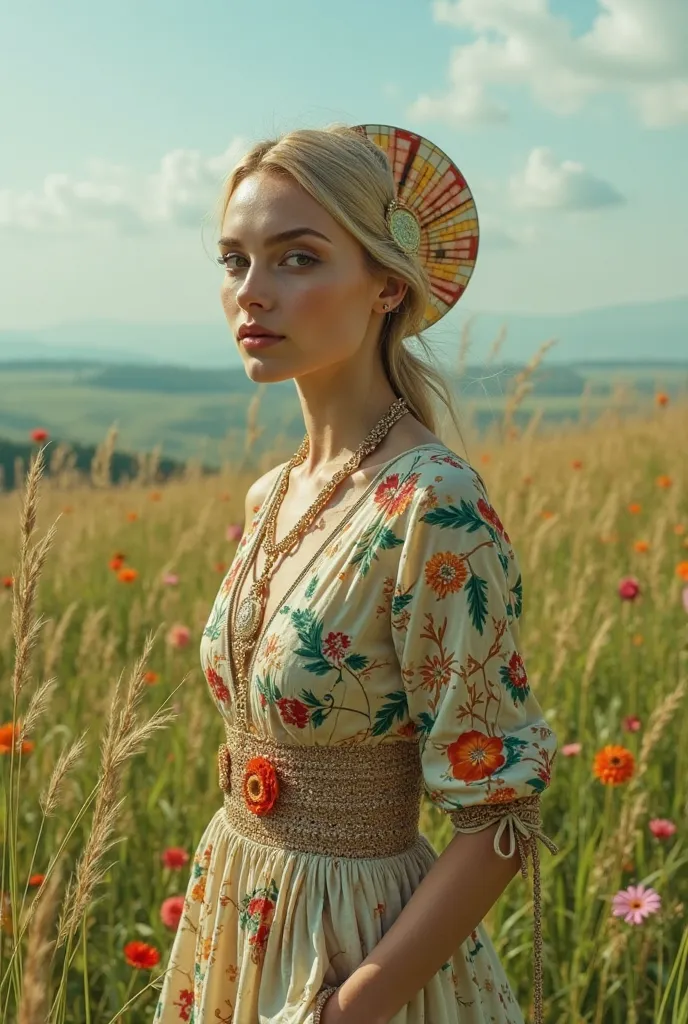  fashion photograph , that combines 2 themes in a single outfit, the themes are: field and disc.