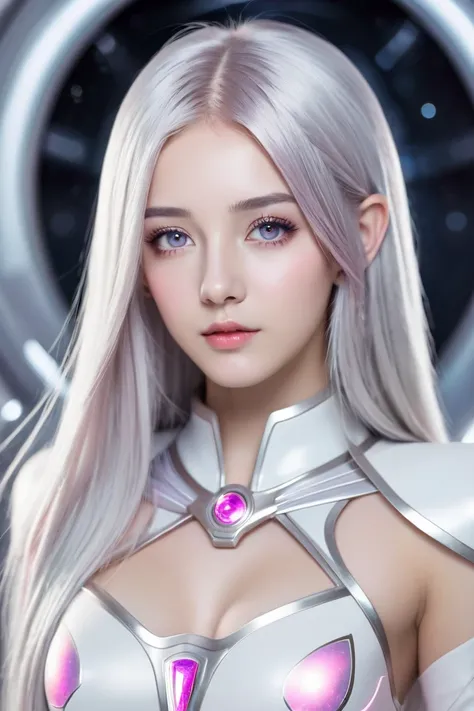 Girl with long straight silver hair with light pink eyes. Dressed in white galactic clothes a little sexy