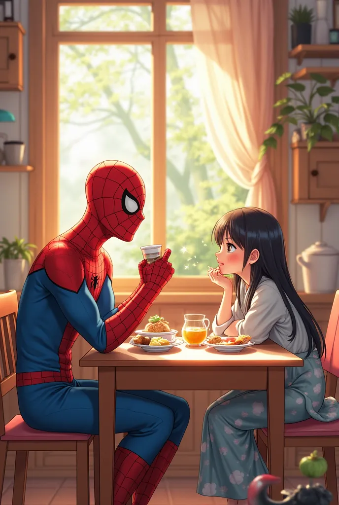 Spider-Man and Nezuko eating breakfast 