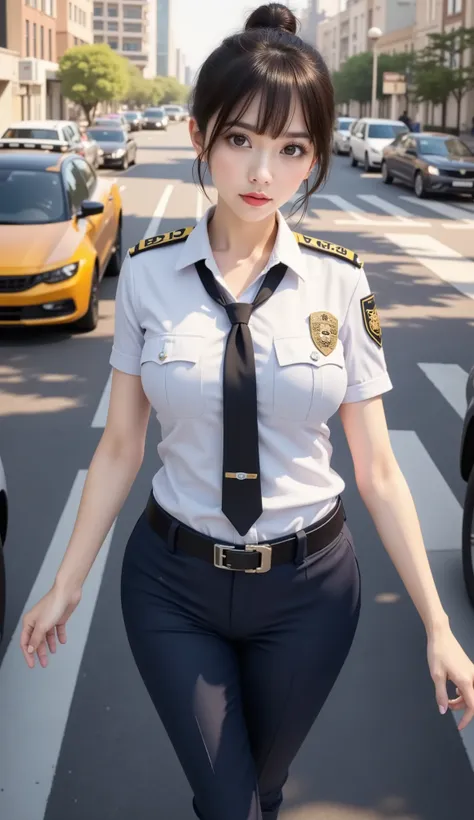 Female traffic police. Wearing a police uniform,  Traffic is being cleaned up at the intersection where there are many cars, to clean up traffic. 