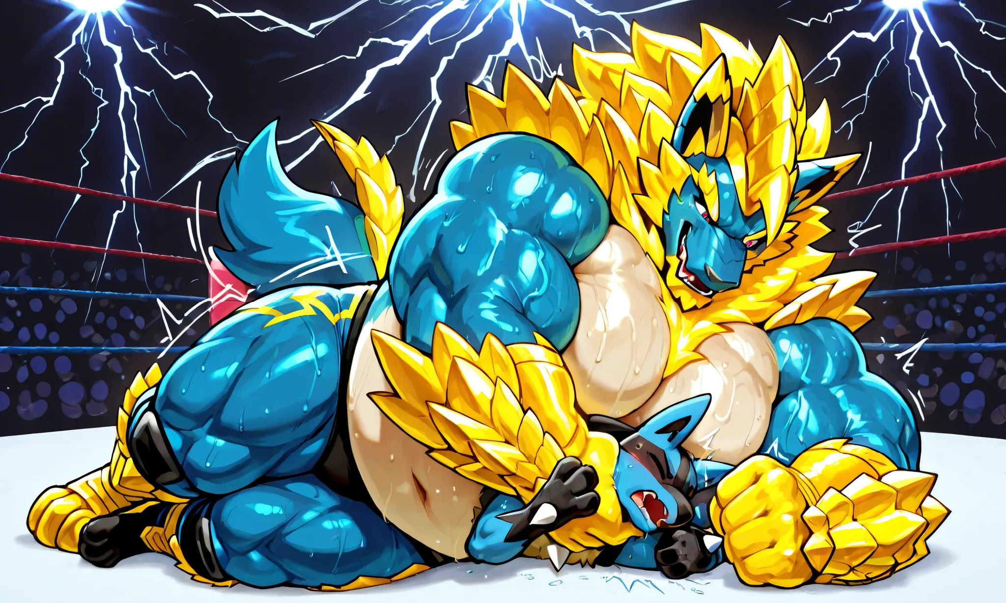 giant zinogre wrestler, small feral lucario, wresling, submission hold, [zinogre:lying on side, head lock from side, folding arms, arms around head, heavy weight bulky fat, giant plump muscular body, thick arms, big pectoral muscles, venis popping, evil gr...