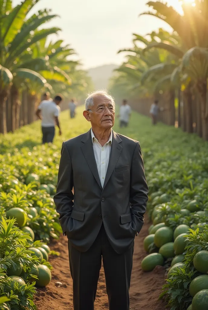 Multimillionaire businessesman showing his face , seeing his papaya farm with some staff working there