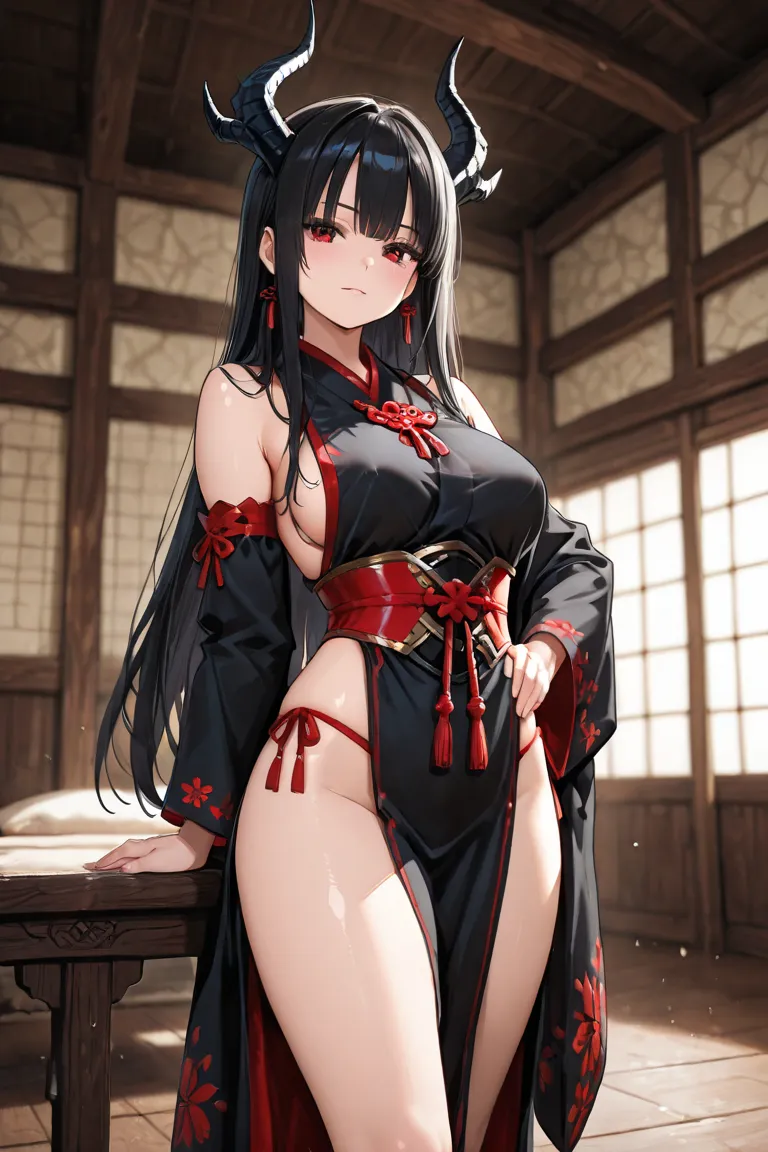 Dragon girl with a slender body, Hime style straight black hair, with sexy oriental clothing, Japanese medieval house, sakura