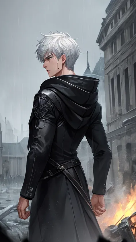 kk, best quality, more details, masterpiece, 1boy, 15years old, portrait, male focus, full body, rear view,  short hair, white hair, black eyes, center, dark scene, blood, solo, black cloak, hood,  rain, ancient town background, battlefield, luxurious, 8k,...