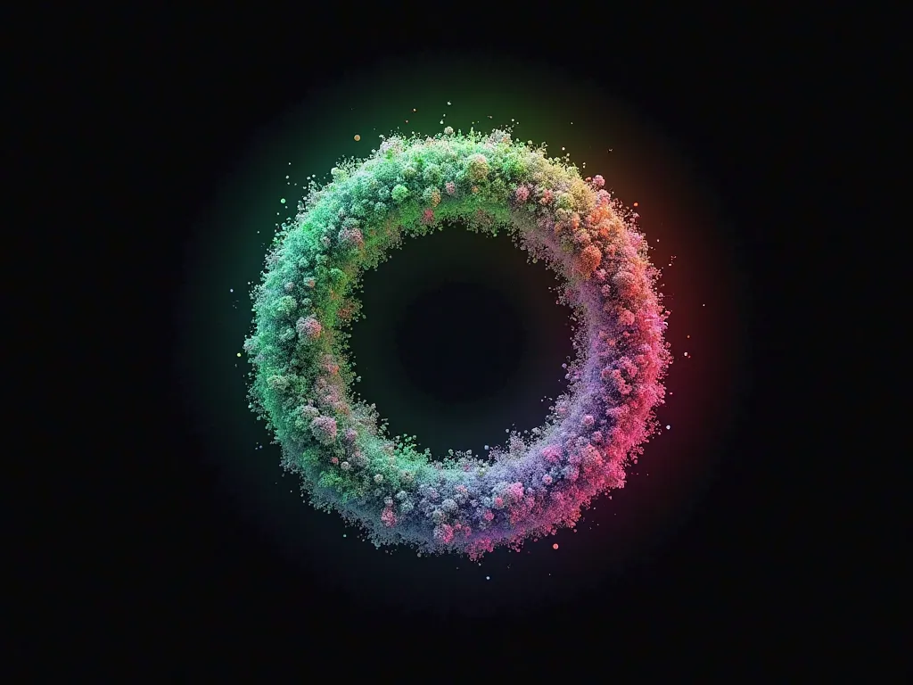 on a black background there is an abstract three-dimensional figure that is round but is not a circle, which is composed of particles that vibrate and is undulating, This figure has neon colors that range from green to pink but it also has transparency