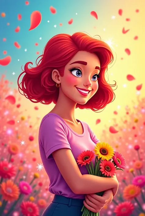 A vibrant, modern cartoon-style illustration celebrating International Women's Day (March 8). The background is bright, colorful, and rich in rainbow hues, symbolizing LGBTQ+ pride and diversity. In the foreground, a young lesbian woman with a modern red b...