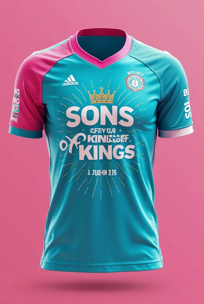 Crea franela deportiva azul turquesa y rosado en el pecho escrito 👑 JOVENES HIJOS DEL REY DE REYES 1 Juan 3:1 on the right sleeve BISCUCUY on the left sleeve JESUS CHRIST 👑