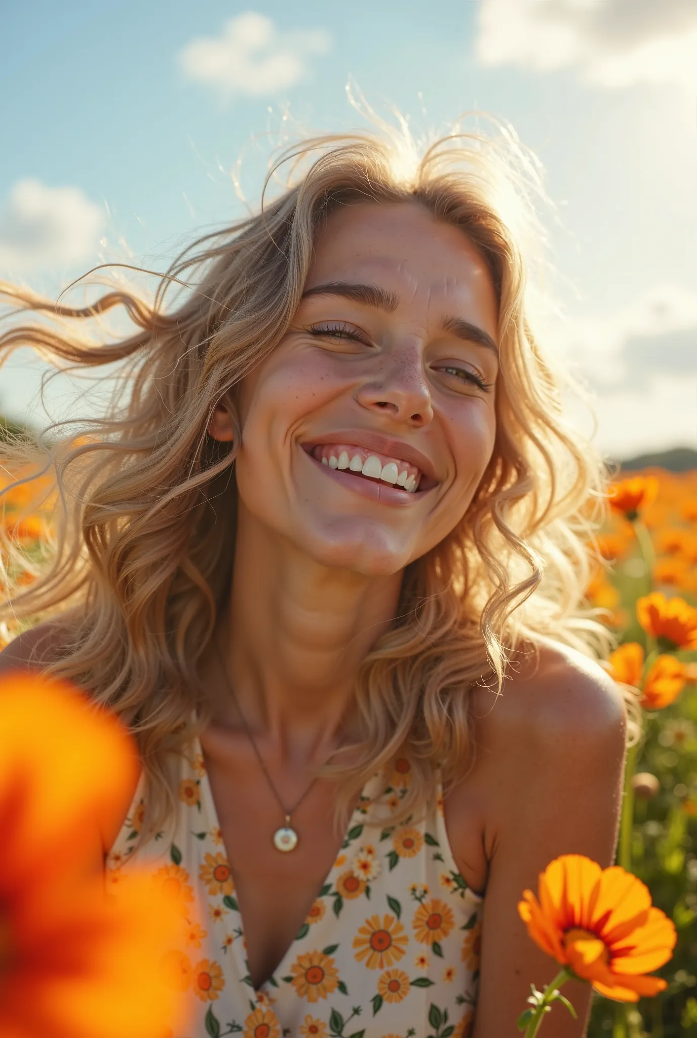 arafed woman smiling in a field of flowers with her friends, a picture by Aleksander Kobzdej, shutterstock, digital art, beautiful and smiling, she expressing joy, happy and smiling, happy girl, happy and beautiful, beautiful girls, being delighted and che...