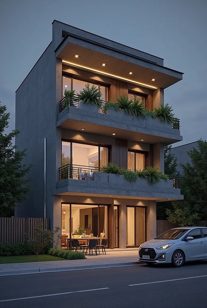 town house Vietnamese, 2 floor,  dream house v03, The image is a 3D rendering of a modern two-story house. The house is located on a street with a car passing by on the right side. The exterior of the house is made of concrete and has multiple levels with ...