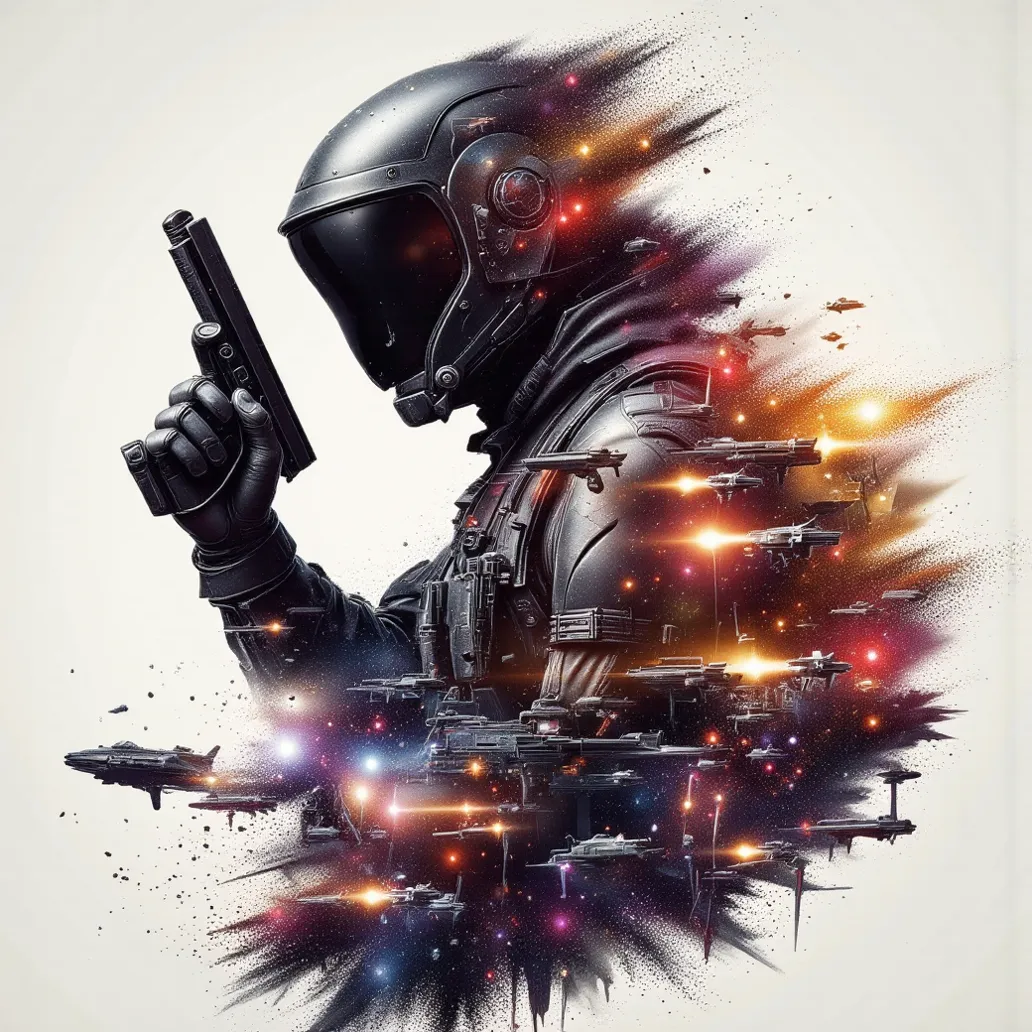 double exposure style, Prospect: Anthropomorphic Crow soldier, donned in black modern combat armor. Silhouette: the name "Crowmetheus" overlayed and blended in. Space battle, soldiers and starships. Colorful, Dynamic Pose, Dynamic contrast ,Silhouette inte...