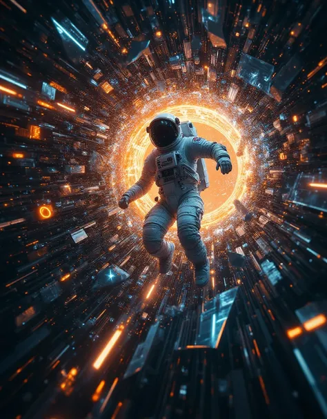  An astronaut in rapid free fall ,  plummet through a chaotic ,  multidimensional void .  The astronaut's body seems distorted by extreme speed ,  arms outstretched and legs folded ,  as if fighting against force .  The spacesuit is cracked ,  ” architectu...