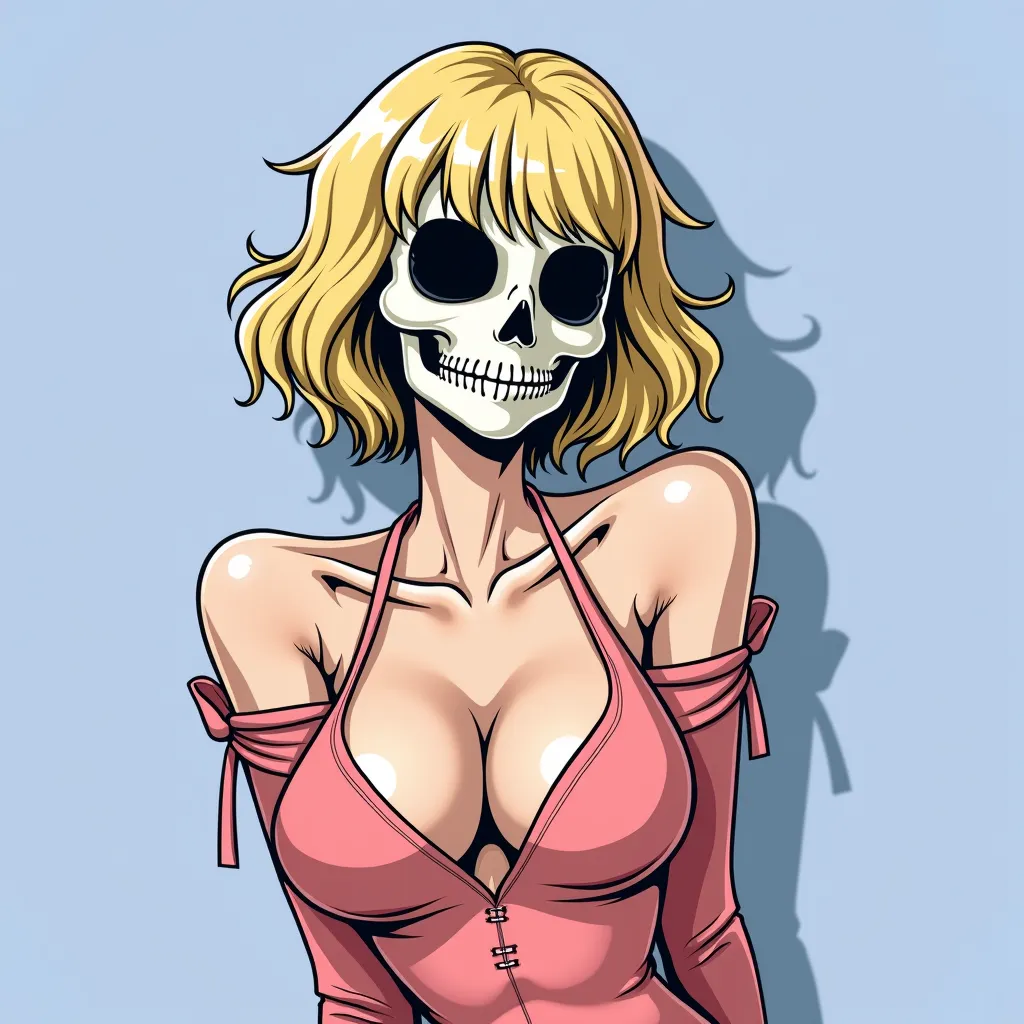 Woman with a cute skull face, blonde bangs, short hair and breasts out, naked, naughty face, 80s drawing