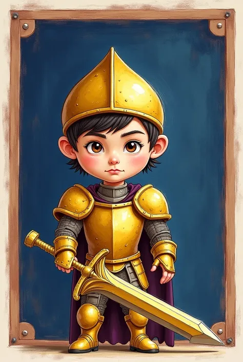 Create an image of an illustrated book cover , it must contain a small medieval knight with a golden armor and sword, a pencil or crayon style.
Above the title of the book "The Adventures of the Golden Knight and the Fight Against Darkness"