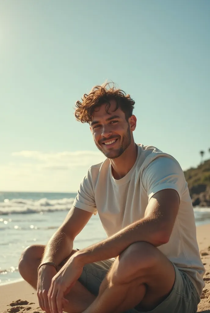 Make me an image for a video clip of a young white man, with curly hair sitting in front of a beach