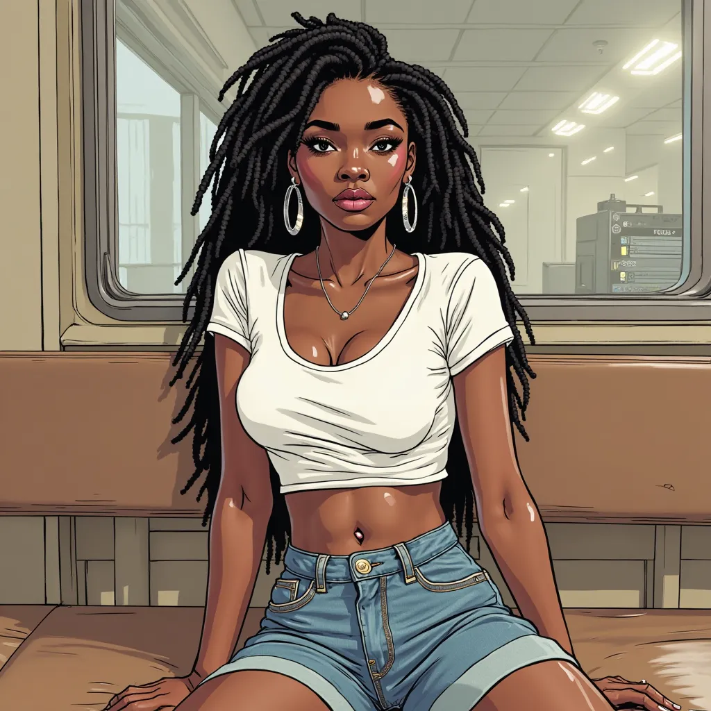 Illustration ,Une femme  noire avec des dreadlocks avec tes  lèvres rose pulpeuses habiller un t-shirt blanc montrant ses gros seins et une culottes jean très courte avec une chaussure blanche, elle est assise sur un banc dans un établissement avec l'air d...