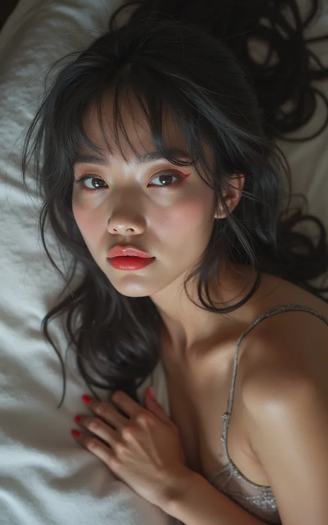  Photo of a beautiful Indonesian woman with natural red lips ,  eyeshadow ,  dark gray hair ,  long straight bangs ,  who experiences a strong passion for love .. She was lying on the bed and wearing thin lingerie beside her was a handsome Indonesian man w...