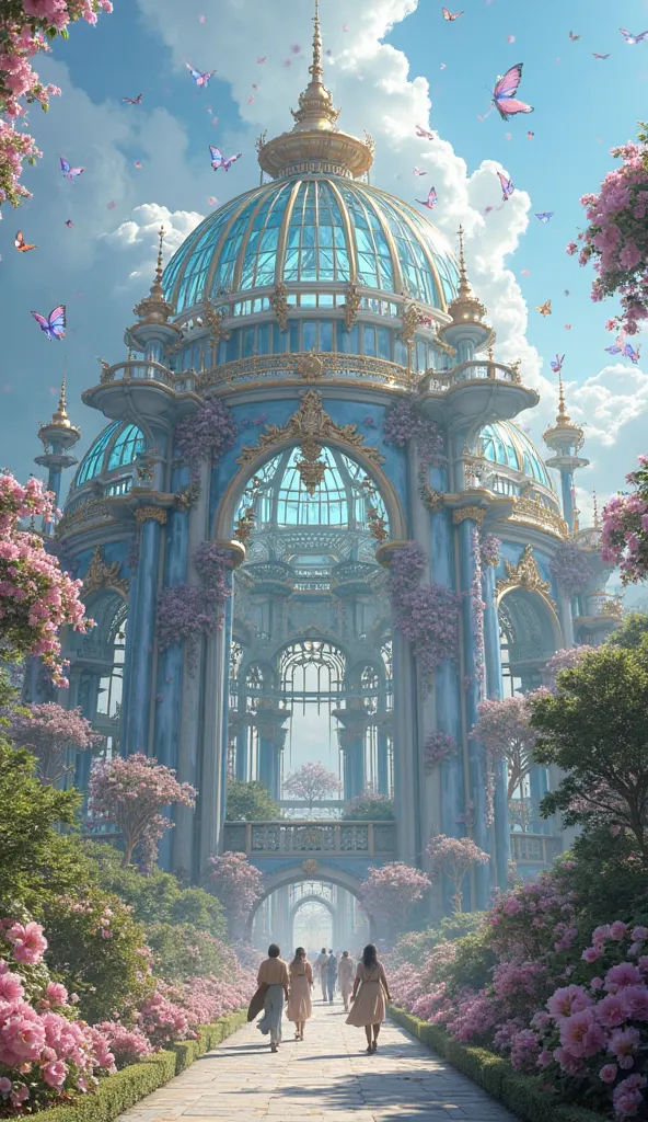 A **colossal glass palace floating in the heavens**, adorned with **crystalline domes, golden arches, and cascading flowers in shades of lavender and pink**. The **towering conservatory**, a masterpiece of transparency, reflects the **deep ocean-blue sky**...