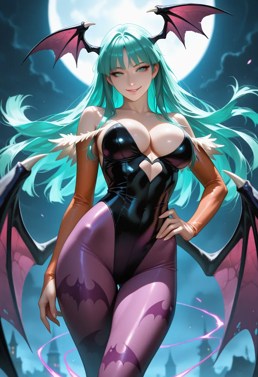 masterpiece, best quality, vibrant, very aesthetic, high contrast, photorealistic portrait, beautiful detailed face, detailed texture, detailed skin, newest, 1girl, vampire hunter, source_vampire hunter, Morrigan Aensland, devil wings hair accessory, high ...