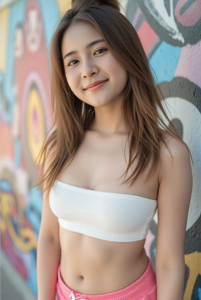 Thai woman, long brown hair messy bun, look at camera, smirk, wearing a white strapless top, and pink shorts running pants, large breast, cleavage, navel, standing in front of a detailed graffiti wall, with themes of fantasy, bright and lively colors, blur...