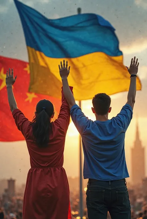  on the flag , where a Chinese and a Ukrainian proudly raise their hands up 