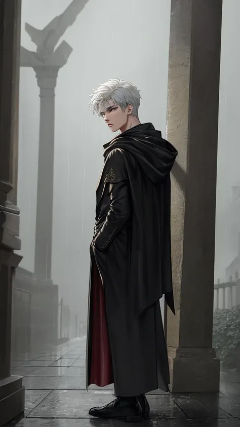 kk, best quality, more details, masterpiece, 1boy, 15years old, portrait, male focus, full body, rear view,  short hair, white hair, black eyes, center, dark scene, blood, solo, black cloak, hood,  rain, ancient town background, battlefield, luxurious, 8k,...