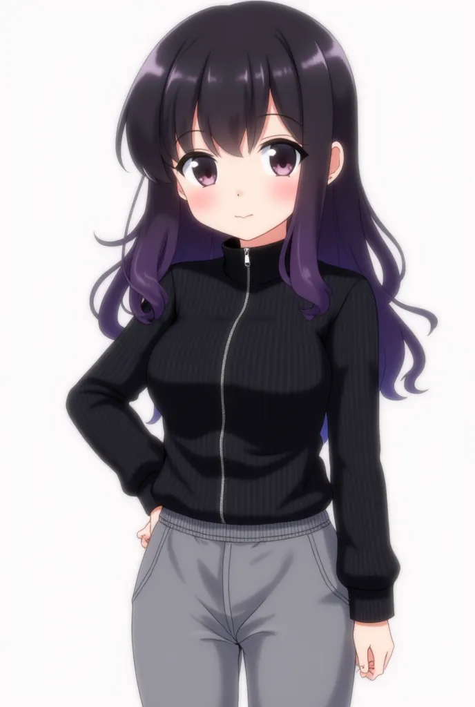 A realistic little anime girl,  girl, of medium build, with long wavy hair. The upper part of the hair is black, gradually moving to a dark purple color at the ends. The bangs are also black and have a curtain style. With a short black long sleeve blouse w...