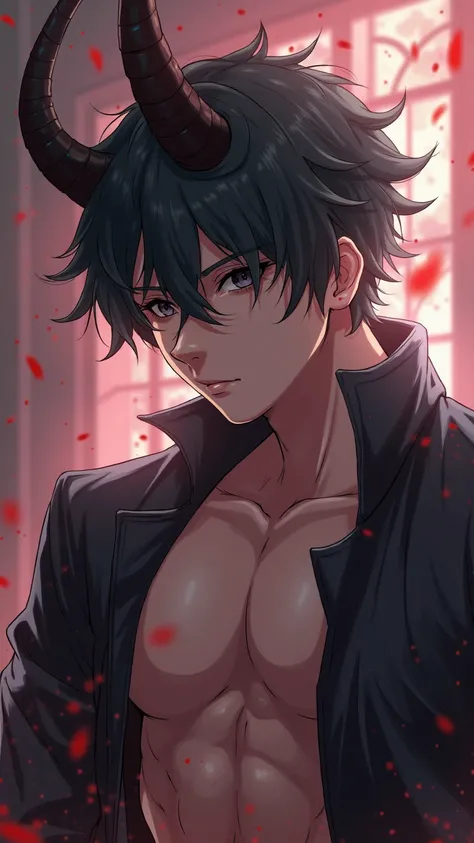 demon masculin 20 ans ,il a des  cheveux  noir  , cheveux courts,les yeux noir , il a des cornes sur la tete , anime, sexy, torse