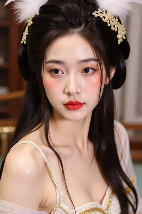 A young woman with elegant and traditional styling. She has long, dark hair adorned with intricate accessories featuring white feathers and golden embellishments. Her makeup is soft, with a rosy blush and red lips that complement her graceful appearance. S...