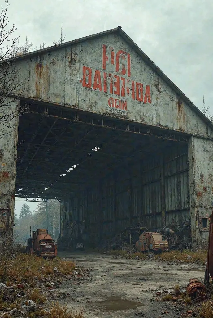 An abandoned fenced hangar with the inscription "FLS landfill" Important: the word landfill should be in Russian with rusty equipment abandoned in a ruined city