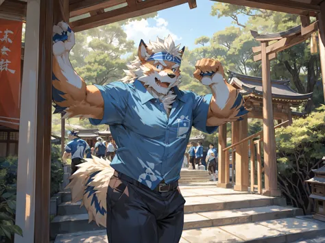 solo, cartoon, by lindong, by null-ghost, correct anatomy, fullbody picture, Arcanine, muscle, (blue sport shirt:1.5), headband, dynamic pose, surprised expression, smile, Shinto shrine, traditional Japanese architecture, Torii gate, morning, architecture,...