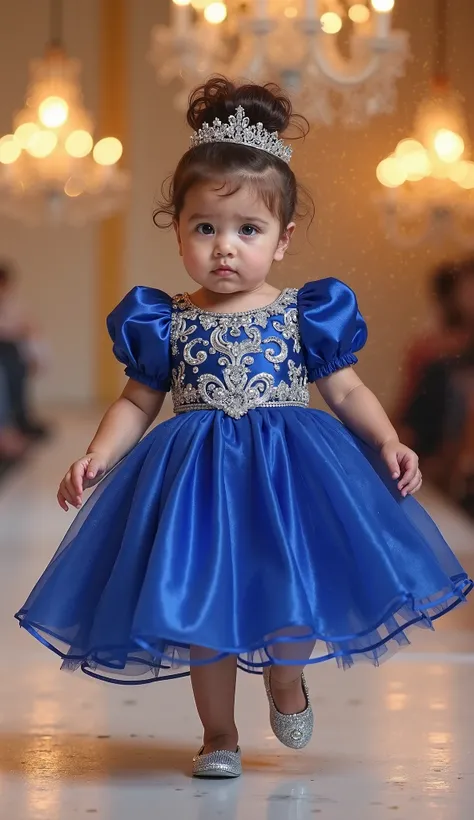 A tiny, ultra-fat, irresistibly cute baby girl with plump, round cheeks and big, dazzling eyes walks gracefully down the runway, with a dreamy, blurred golden chandelier backdrop. Her thicker, fuller brown hair is styled in a high voluminous bun with a spa...