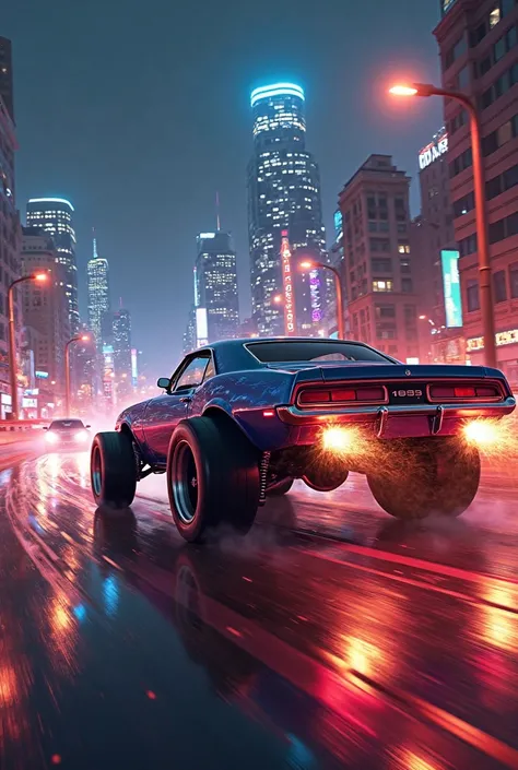 A chaotic cityscape bathed in the neon glow of streetlights is torn apart by wild street racing, cars hurtling down ramps and through intersections at breakneck speed. In the foreground, a muscle car with oversized rear tires and a blazing exhaust burns ru...