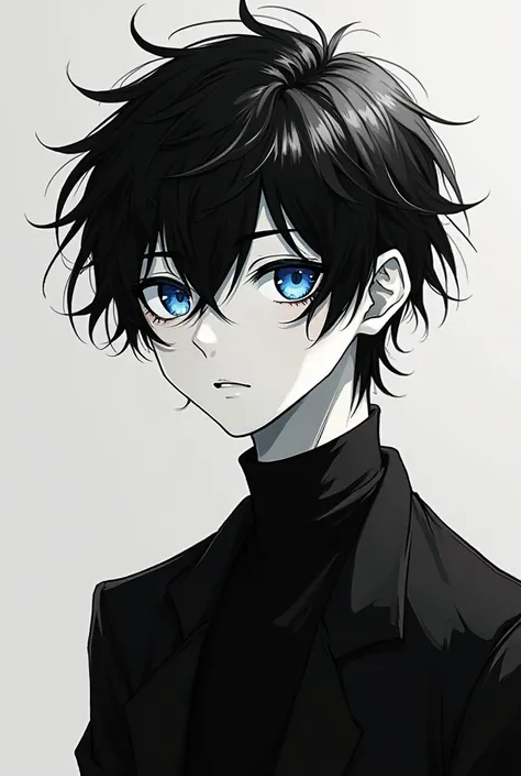 A handsome anime boy with messy black hair, blue eyes, unserious expression wearing all black, symmetrical face and sharp jawline. Black and white photo