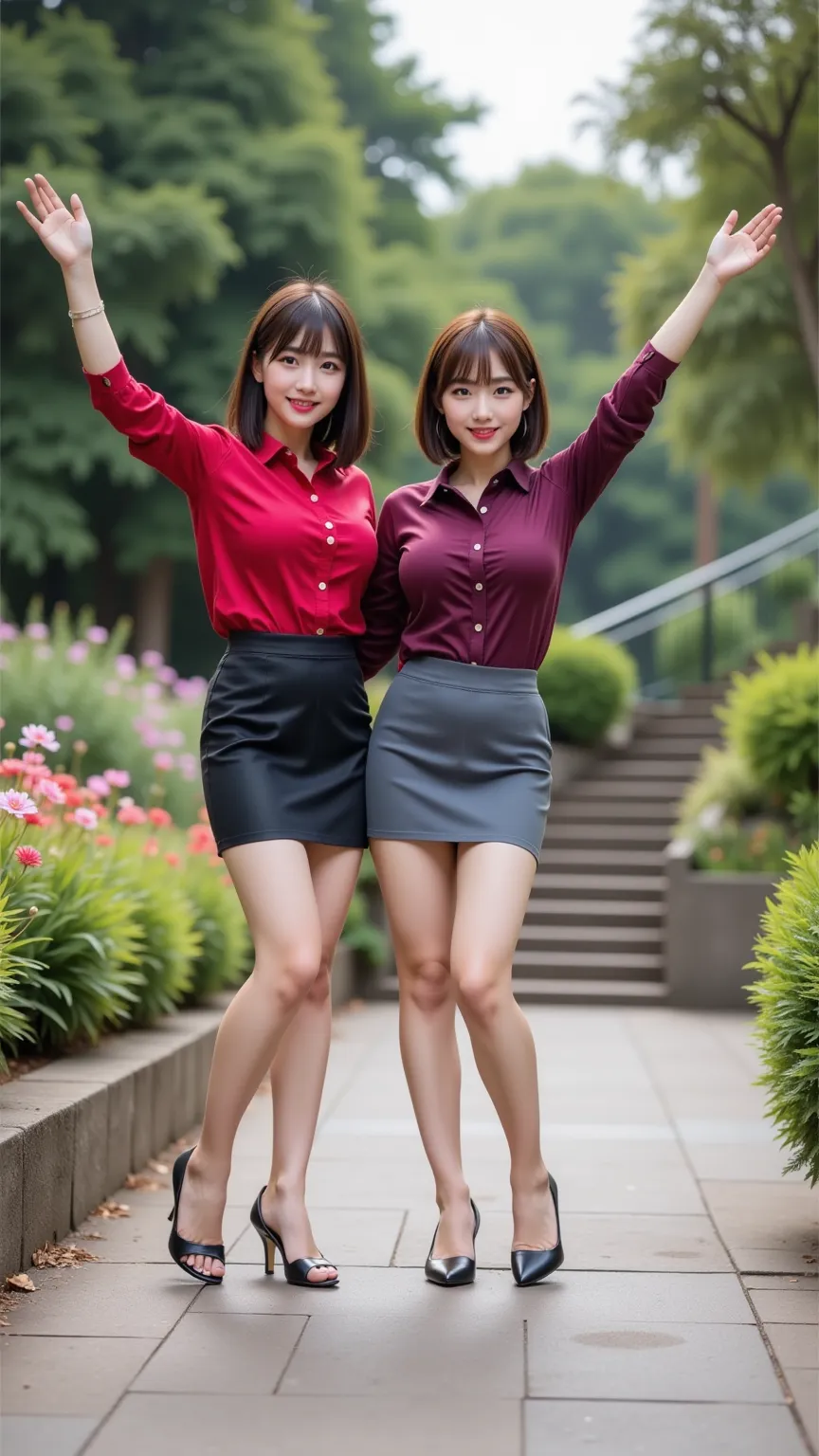 8K, RAW photos , super A high resolution, top quality , masterpiece:1.2),  (realistic illustration ), (highly detailed CG Unity 8K wallpaper), ((full body image :1.5)), ((full body:1.5)), ((2 women:1.5)), ((The two women are standing with one arm and one l...