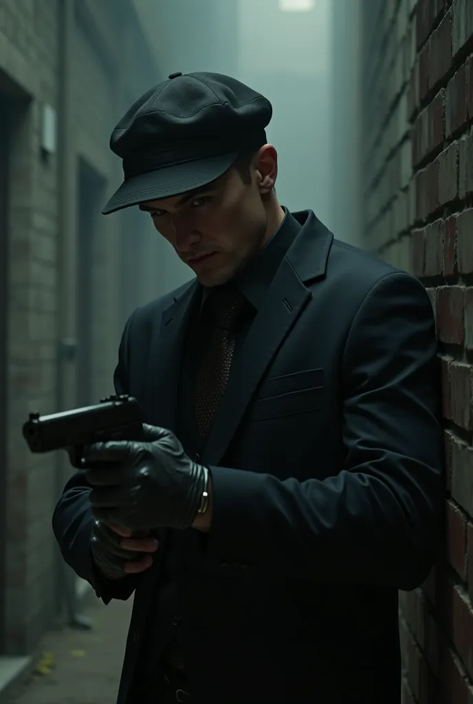 Create the realistic image of a white-skinned young businessman wearing a thug's suit and cap in the dark reloading his gun.