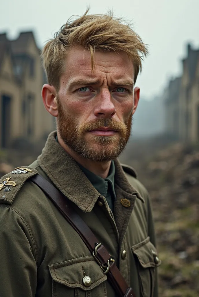 Young German WWI veteran, a full head of blonde hair, vibrant green eyes, and a beard