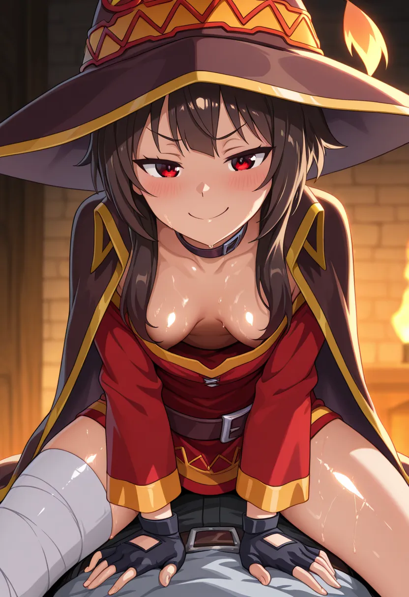 smooth sha dow, glow, oily skin, shiny skin, gleaming skin, High Resolution Image ,  masterpiece, highest quality, great quality, absurdres,ultra detailed,8k,1 girl,megumin, short ha ir, black ha ir, red eyes, Side locks, long ha ir,, gloves, ha ,, black g...