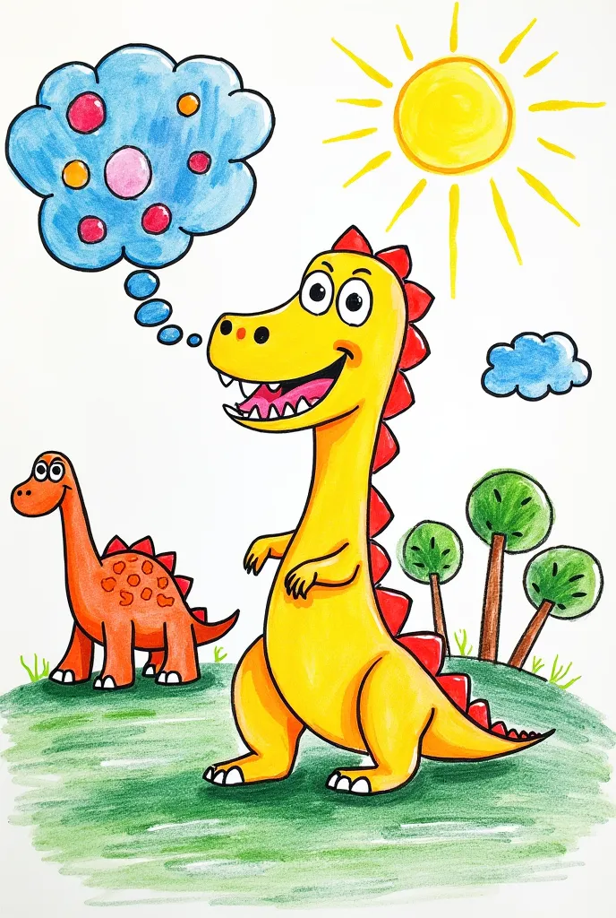 Handmade drawing in style , as if it were made with crayons. It shows a friendly dinosaur with a big smile and round eyes, and is opening his mouth from which a large bubble emerges with spots of color and simple reflections.  In the background, draws othe...