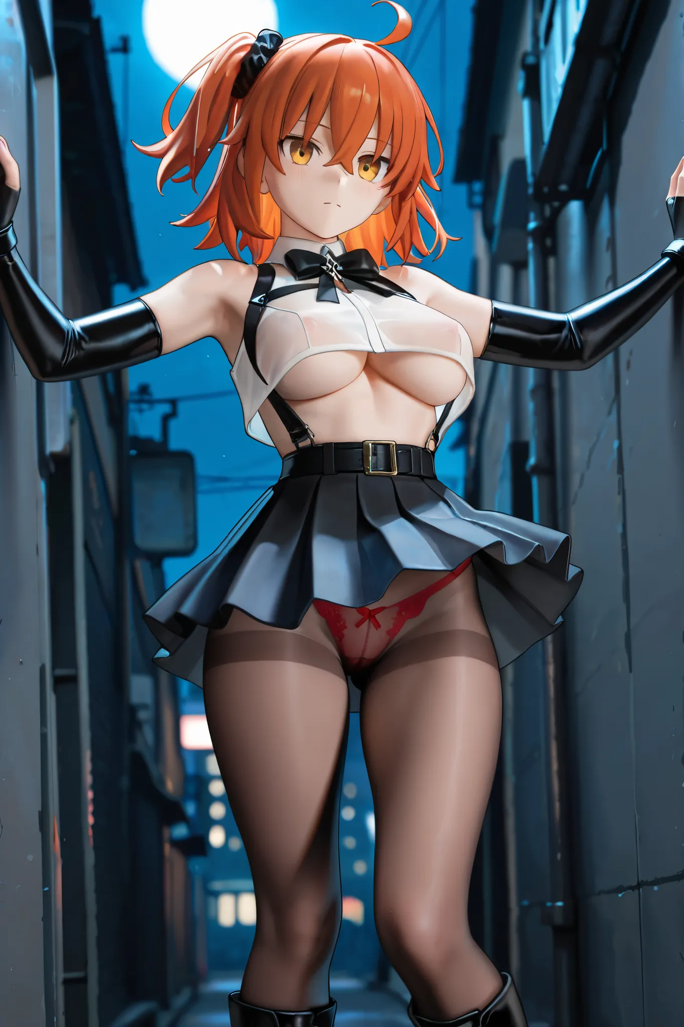 NSFW,masterpiece,highest quality,High Resolution,very detailed,Ritsuka Fujimaru\(Fate/Grand Order),orange hair、white collared sleeveless cropped vest、Underboob、belly button、suspendersskirt、skirt、suspenders、neck x bow 、 asymmetric fingerless gloves 、elbow g...