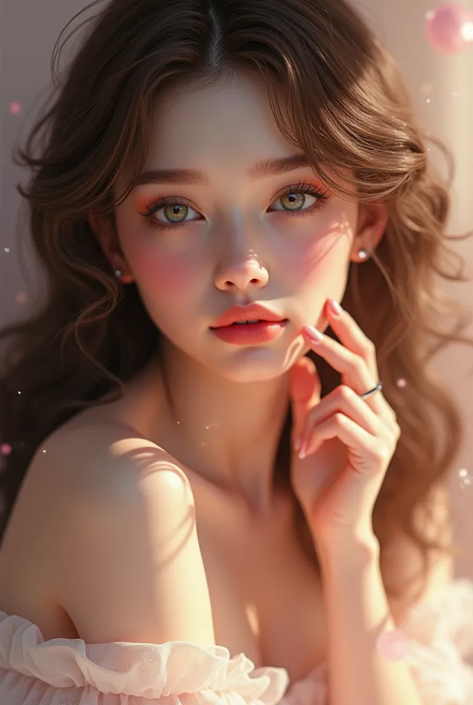 Girl with tender eyes,  pink lips, brown hair and with a gloss on her hand