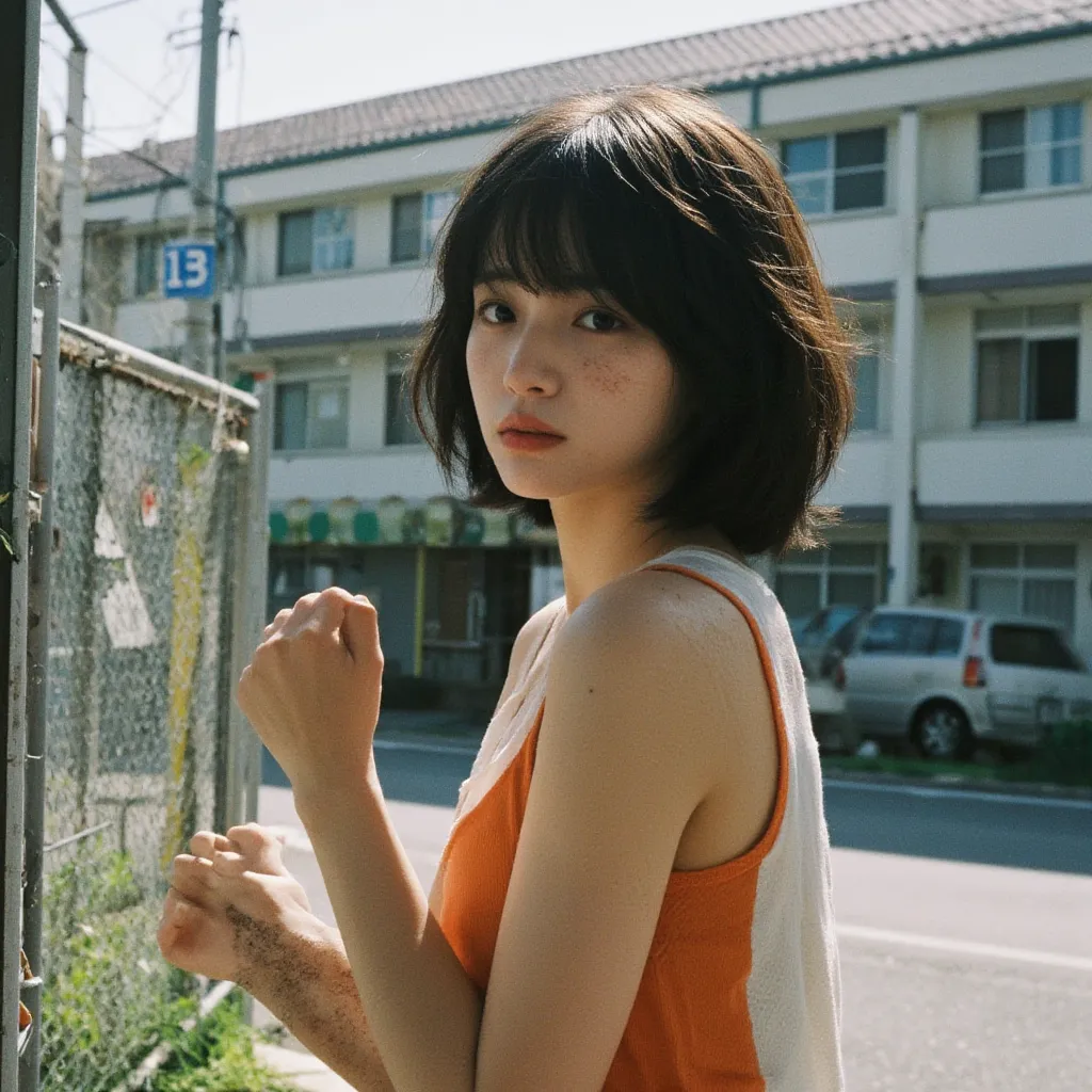 Tokyo residential area,side shot,Short curly hair , high school girl outside the school building,orange and white tank top, rough skin,crying