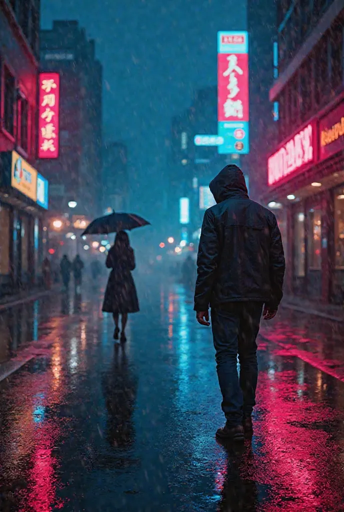 For the image of "Late To Cry", we need to reflect nostalgia, heartbreak and rebirth with a Visual Concept style

Stage: A city in the rain at night, with neon lights reflected in the wet pavement.

character: A man wearing a jacket and a hood walking alon...