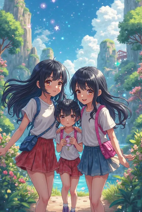 Create an image of three black-haired friends,
 anime type 