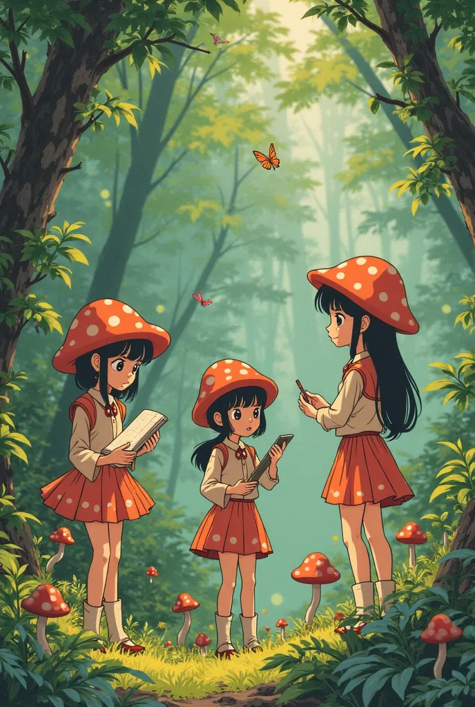 Fixed frame from a vintage 1980 manga of three female mushroom elves get together to do research in the forest (VHS quality)