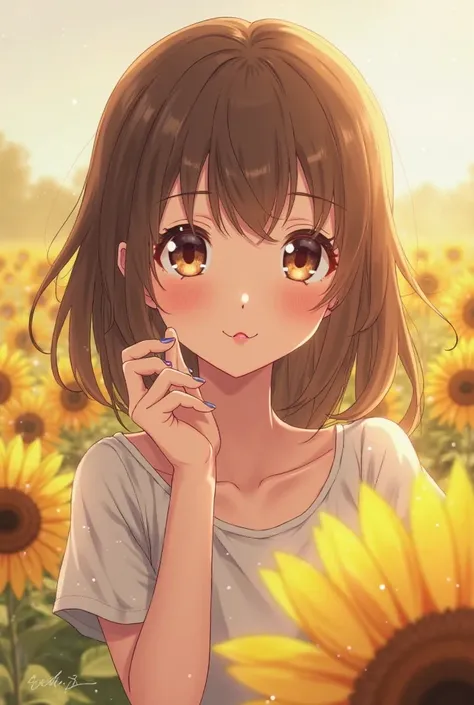 Tierma anime girl, Eyes with Bamby Eye,  large, Tender and sweet, pink lips and brown hair with a soft sunflower background and a gloss in hand