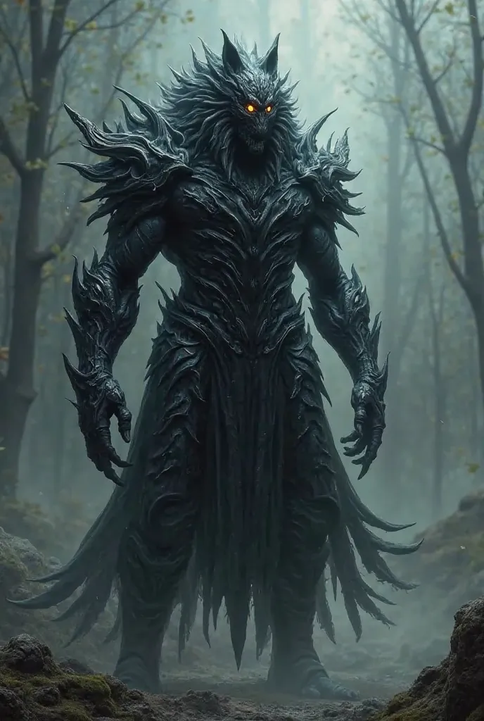 Human turned monster, black armor, wolf head,  black eyes