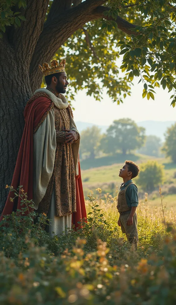 The king, dressed in royal robes, observes the farmer from behind a tree or palace balcony, surprised by his happiness despite his modest lifestyle.