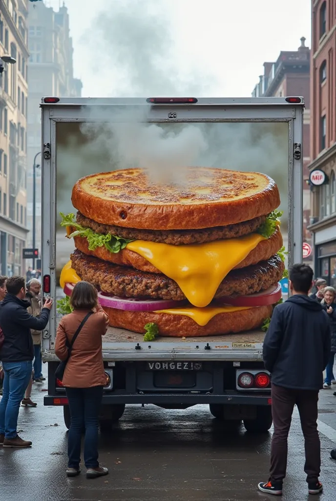 A food delivery truck with a giant advertisement of a grilled sandwich. The truck's exhaust pipe is positioned right under the melted cheese, and smoke is coming out, making it look like the sandwich is burning. Passersby are staring at the scene, some tak...