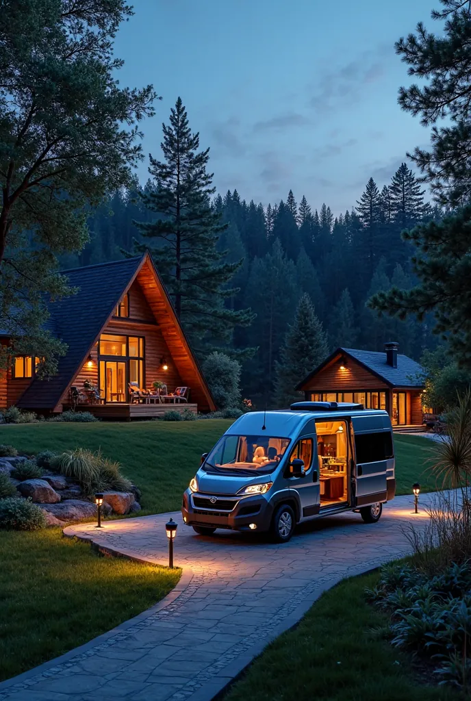 This image shows the nighttime atmosphere of a resort-style residence nestled in nature. The house features a (A-frame) frame log cabin and a simple and modern designed single-storey wooden house. The 2024 toyota commuter all new van is parked, with warm l...